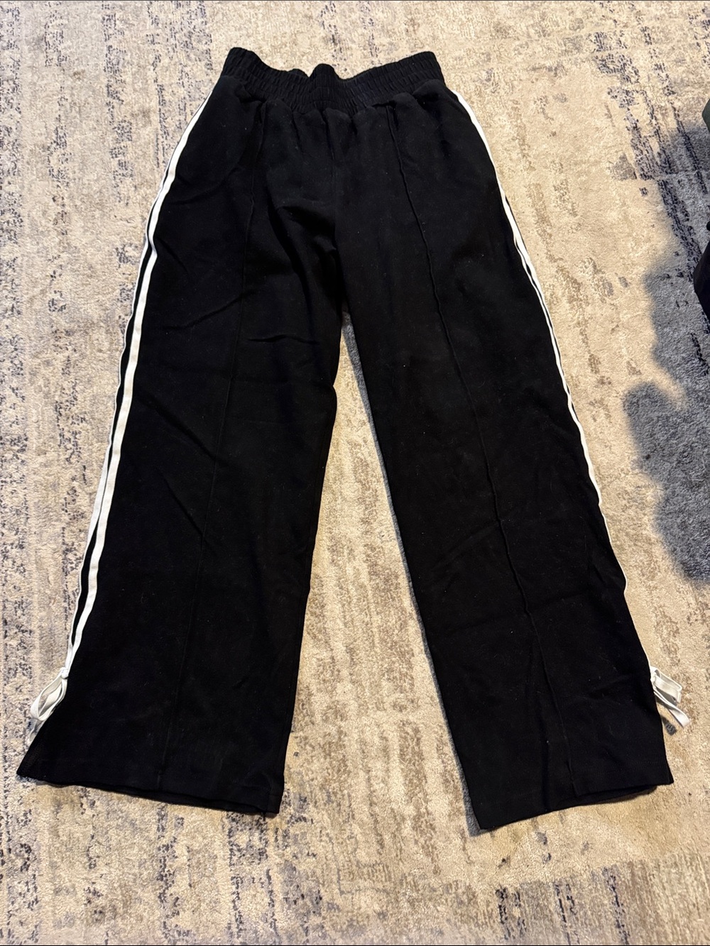 Women’s Black Track Pants with White Side Stripes/Bows and Slits